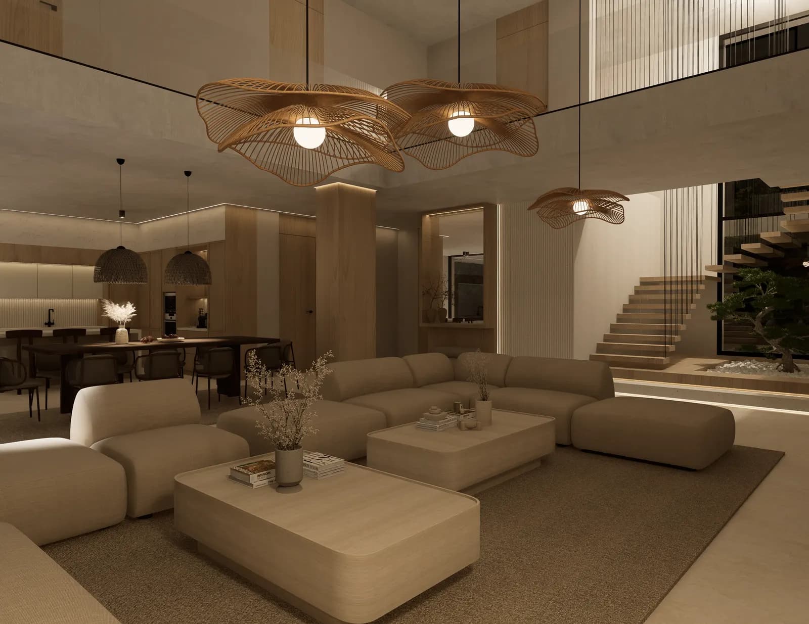 Salón-comedor de gran formato con lámparas de fibra en racimo y escalera — render 3D de 20 Studio