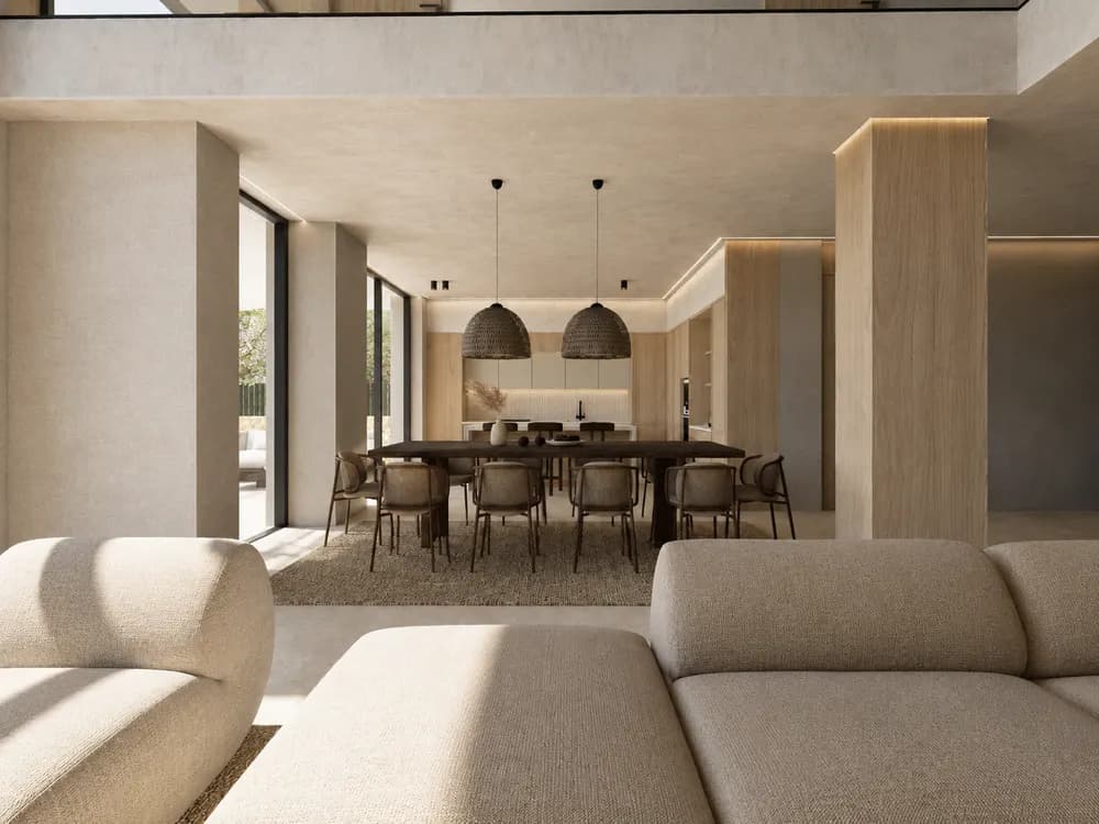 Comedor de una primera vivienda con lámparas colgantes y sillas tapizadas — render 3D de First Keys