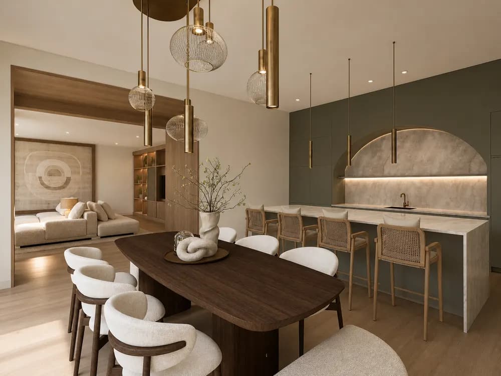 Comedor y cocina con lámparas de latón en racimo y frente verde — render 3D de First Keys