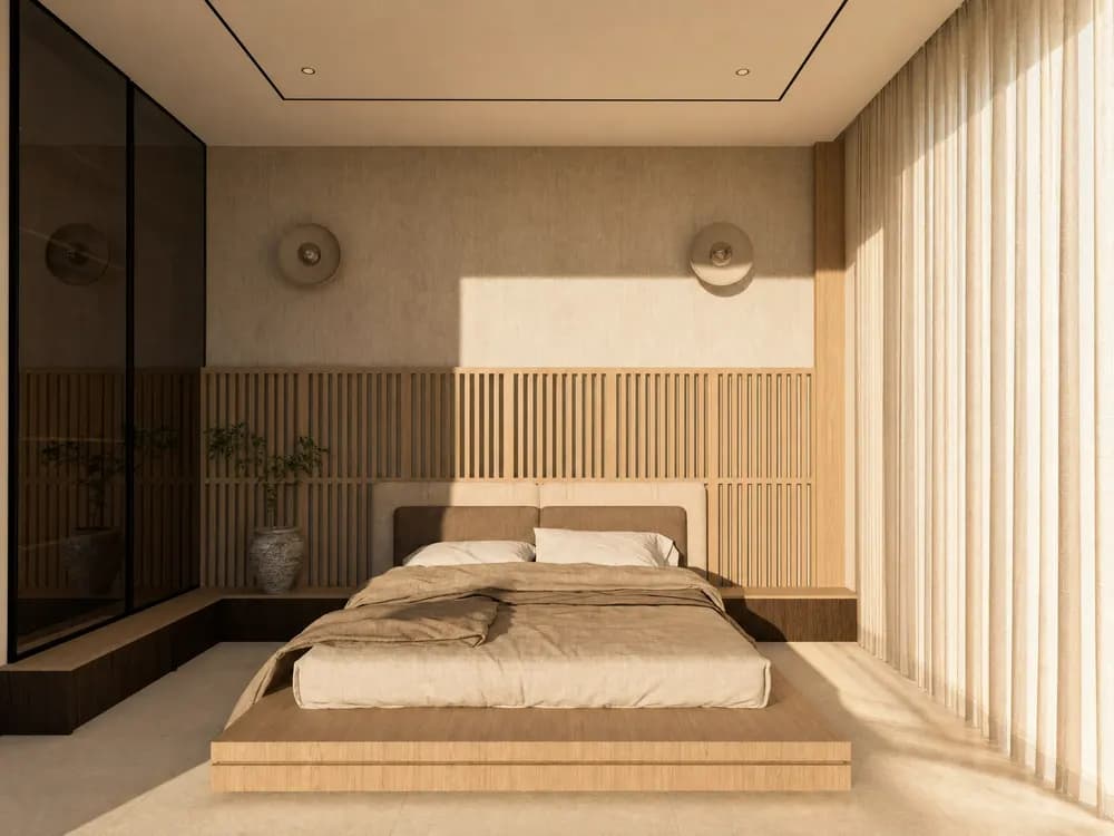 Dormitorio principal con cabecero de listones de madera y luz cálida — render 3D de First Keys