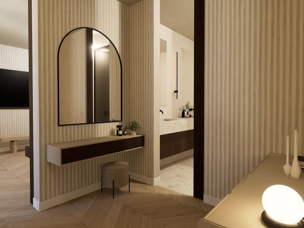 Baño con lavabo bajo espejo de arco y paredes de microcemento — render 3D de First Keys