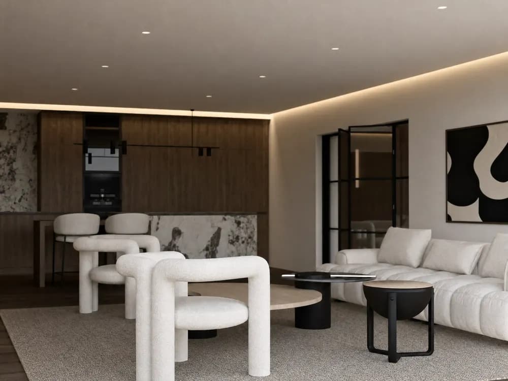 Salón con butacas escultóricas de bouclé y puertas de acero negro — render 3D de First Keys
