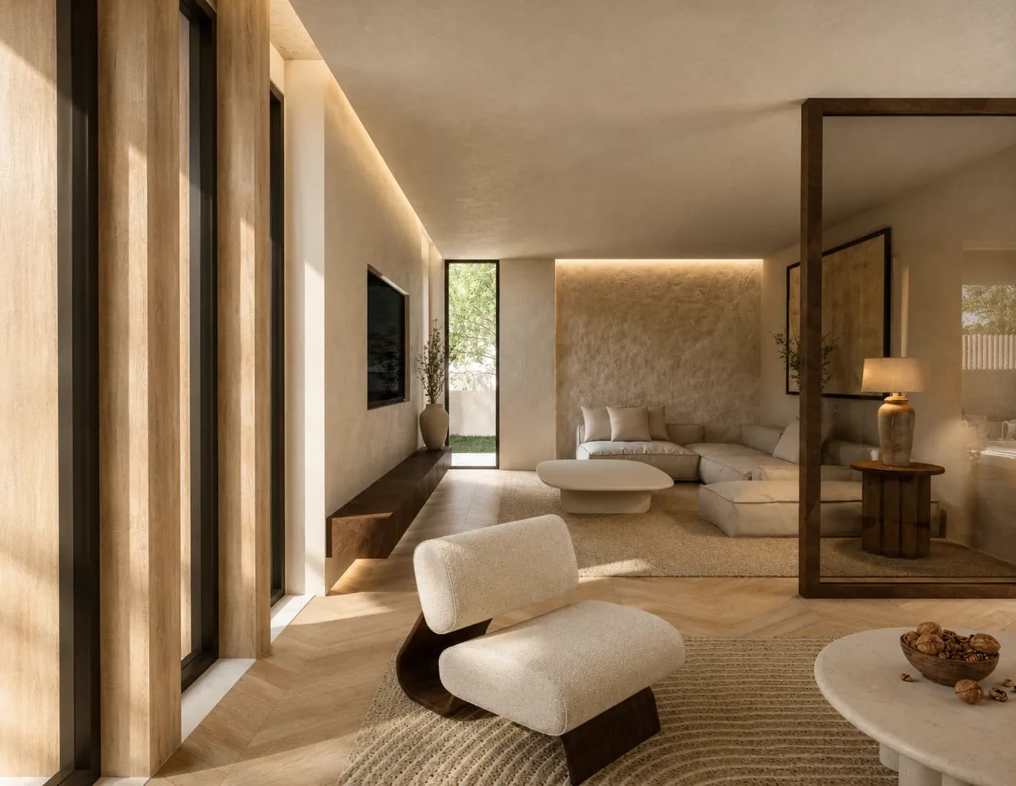 Salón de una primera vivienda con butaca de bouclé, suelo de espiga y luz natural — render 3D de First Keys