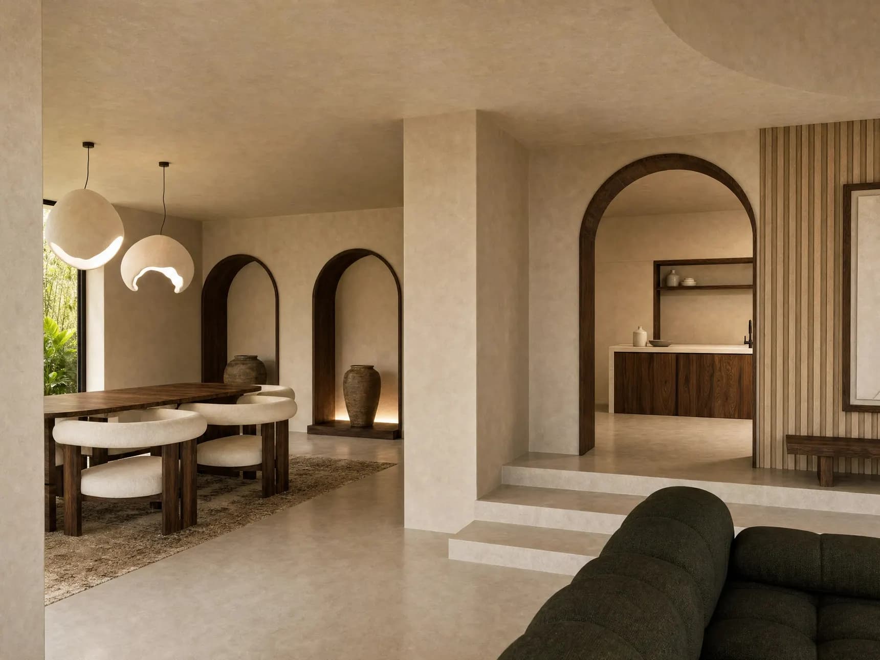 Comedor y cocina en planta abierta con travertino, nogal y arcos — render 3D de 20 Studio