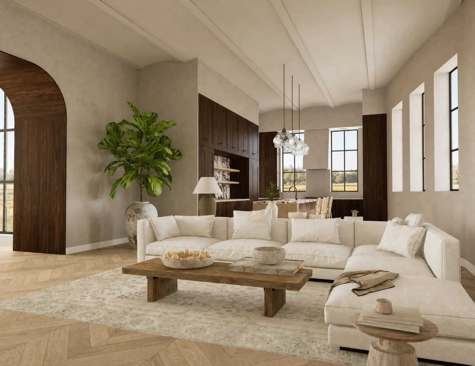 Salón luminoso con sofá modular claro, suelo de espiga y grandes ventanales — render 3D de un proyecto de 20 Studio