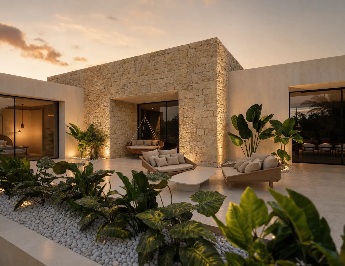 Patio de una vivienda de gran formato con muro de piedra, vegetación tropical y columpio al atardecer — render 3D de 20 Studio