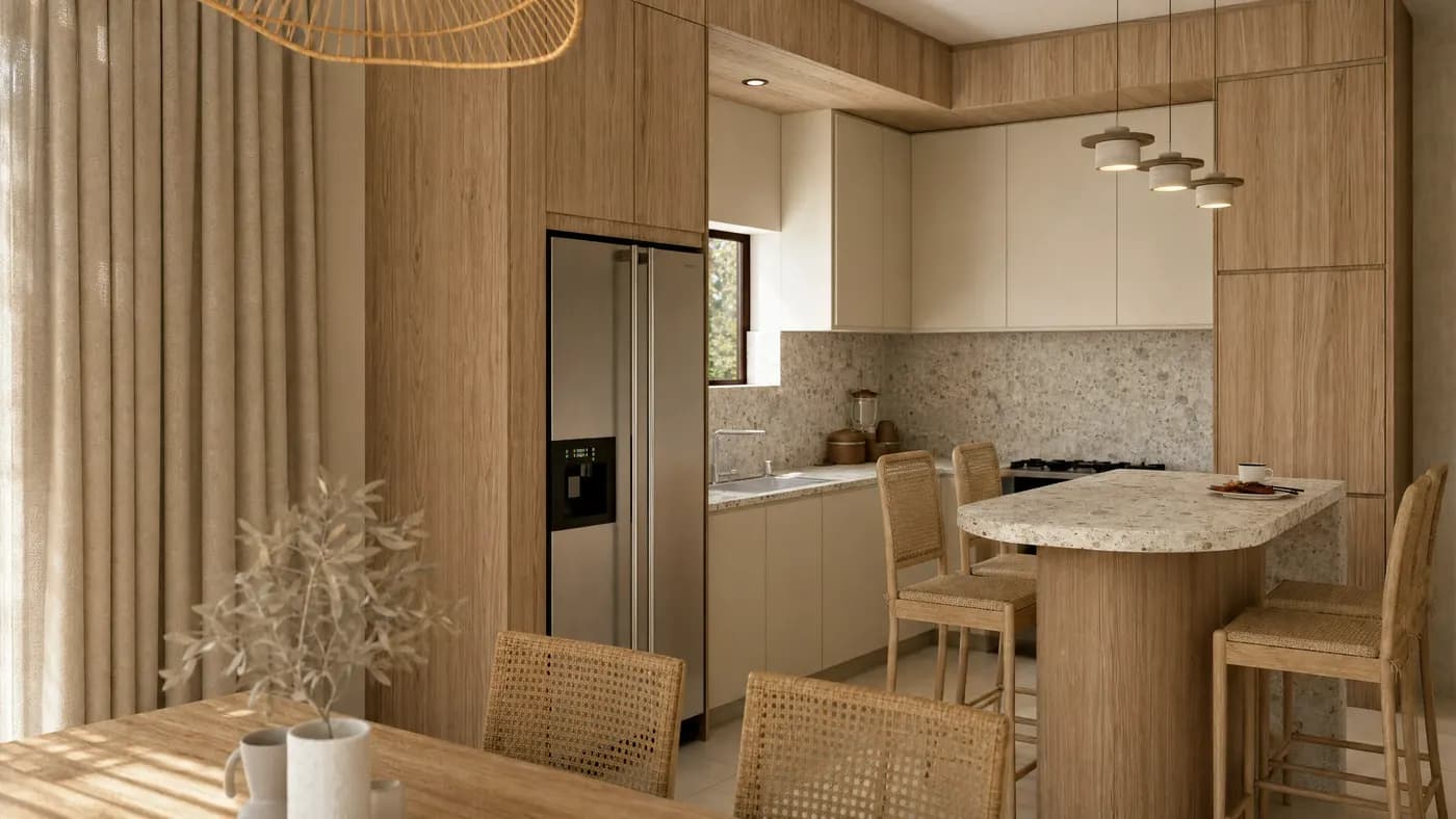 Detalle de cocina con encimera de piedra, frigorífico integrado y sillas de rejilla — render 3D de 20 Studio