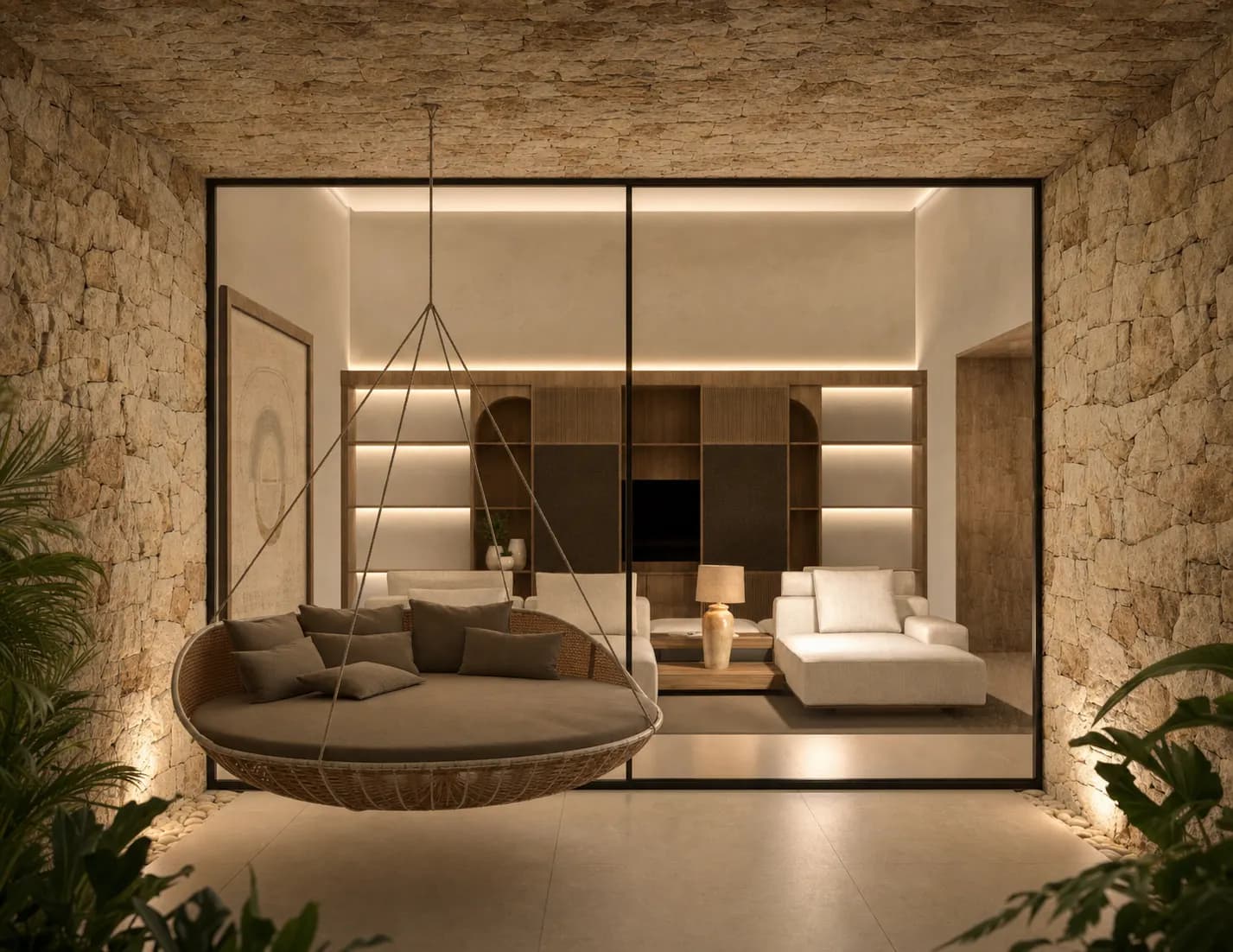 Salón con columpio colgante, muro de piedra y cerramiento acristalado — render 3D de 20 Studio