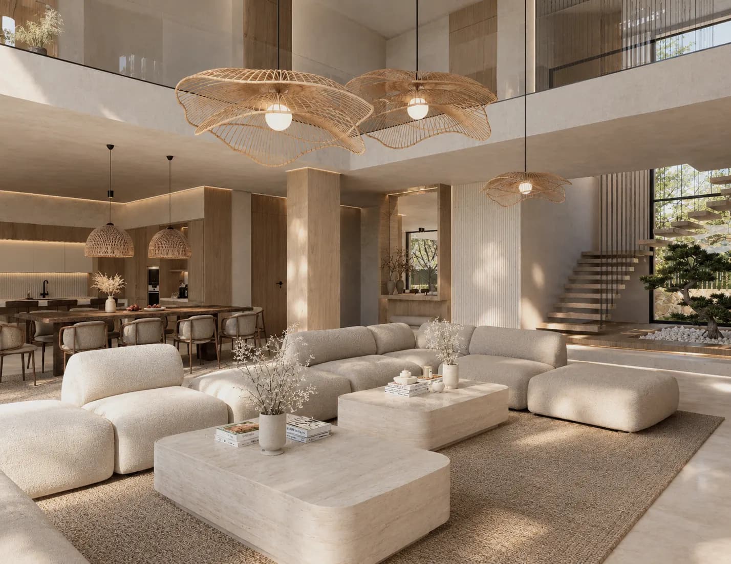 Casa 04: Salón de doble altura con lámparas de fibra, escalera y sofá modular