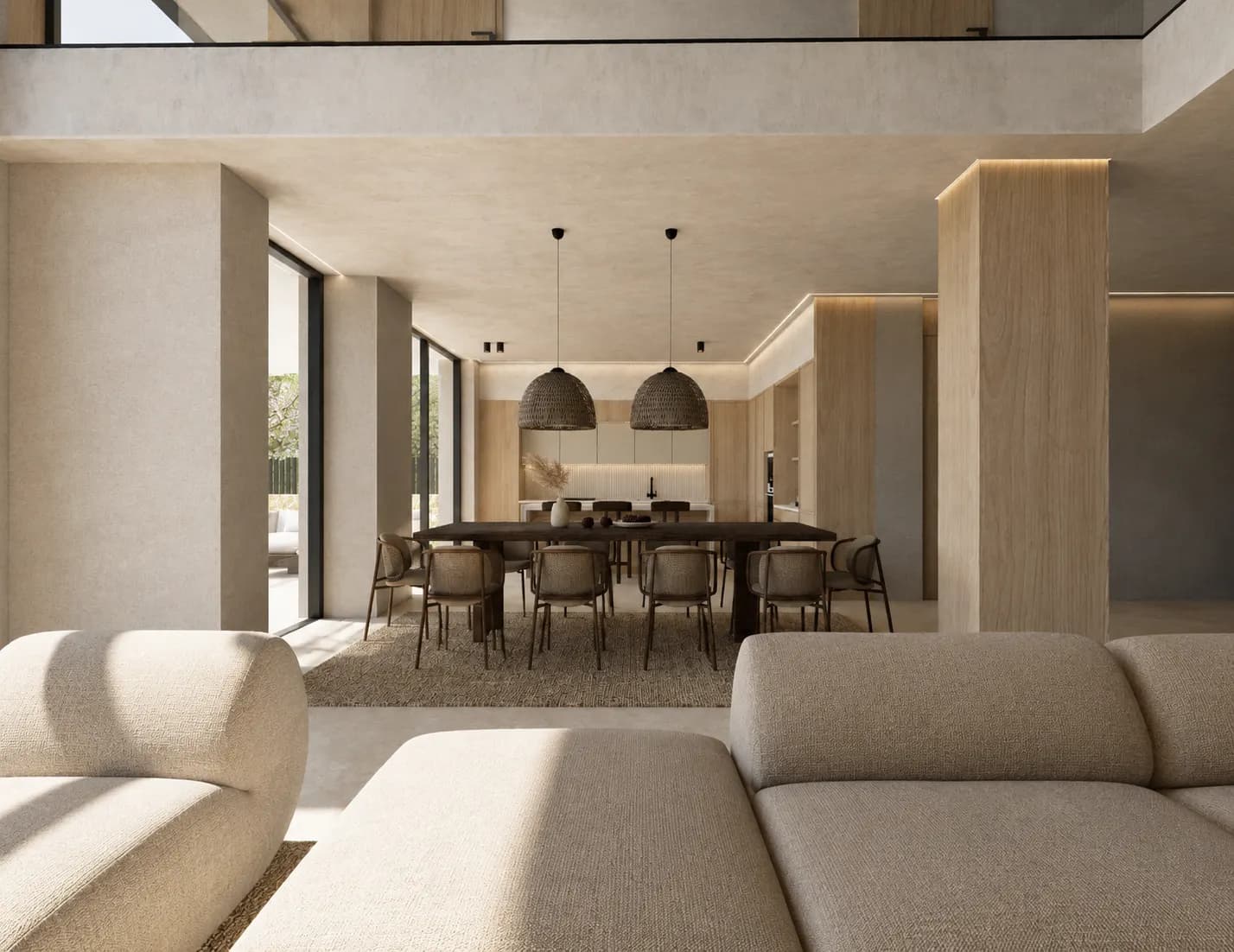 Casa 04: Comedor y salón en planta abierta con pilares de madera