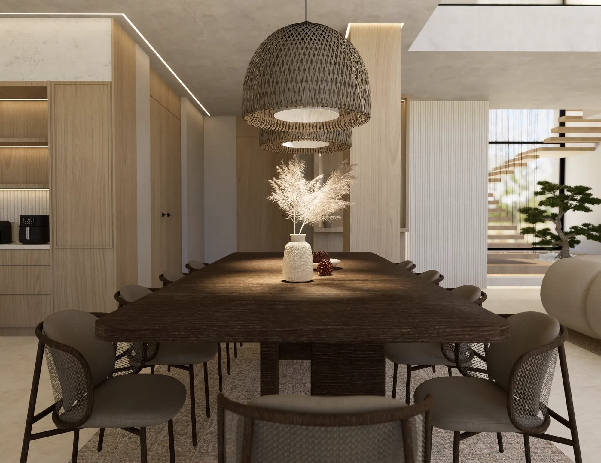 Casa 04: Mesa de comedor de madera oscura bajo lámpara de fibra