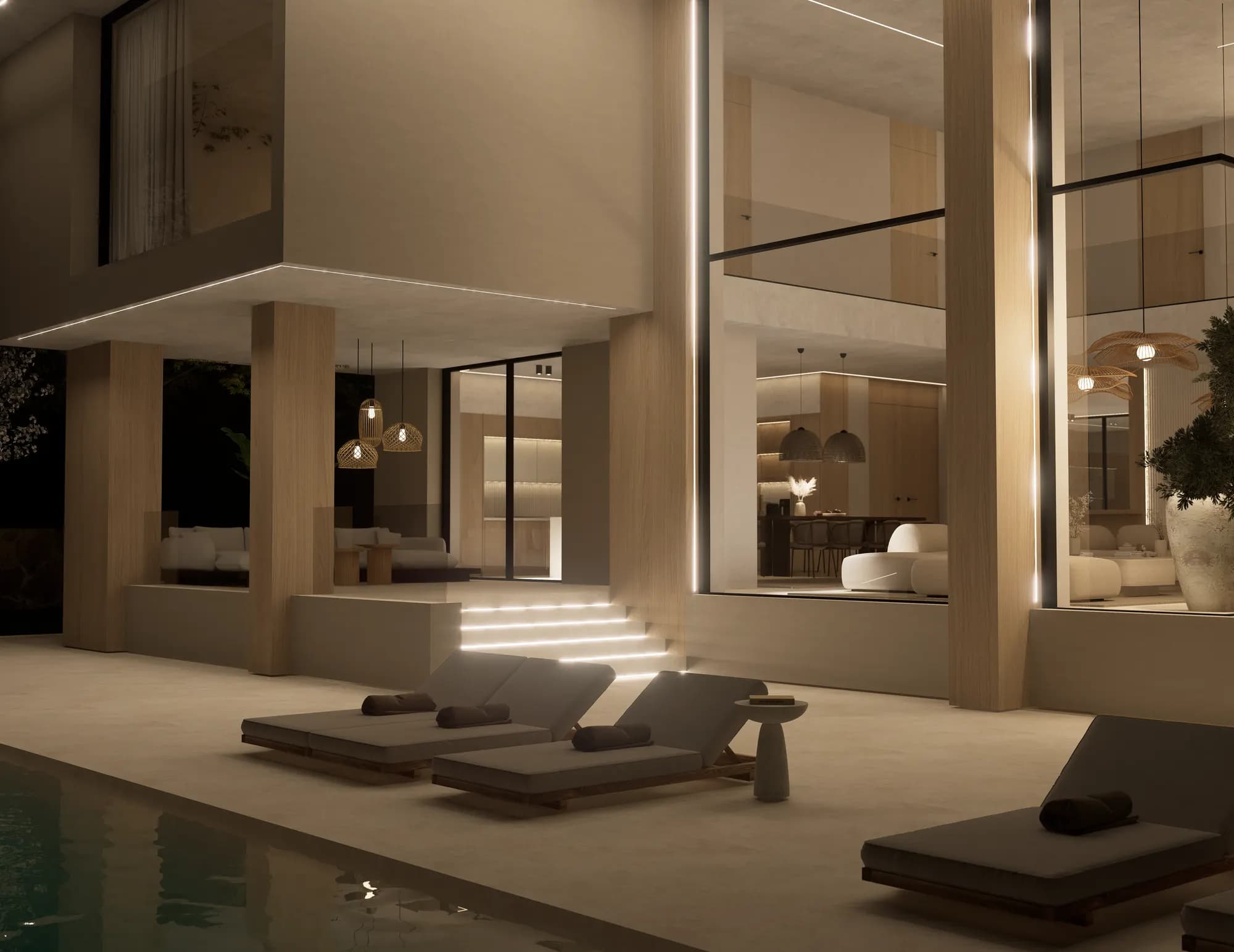 Casa 04: Terraza con tumbonas junto a la piscina, de noche