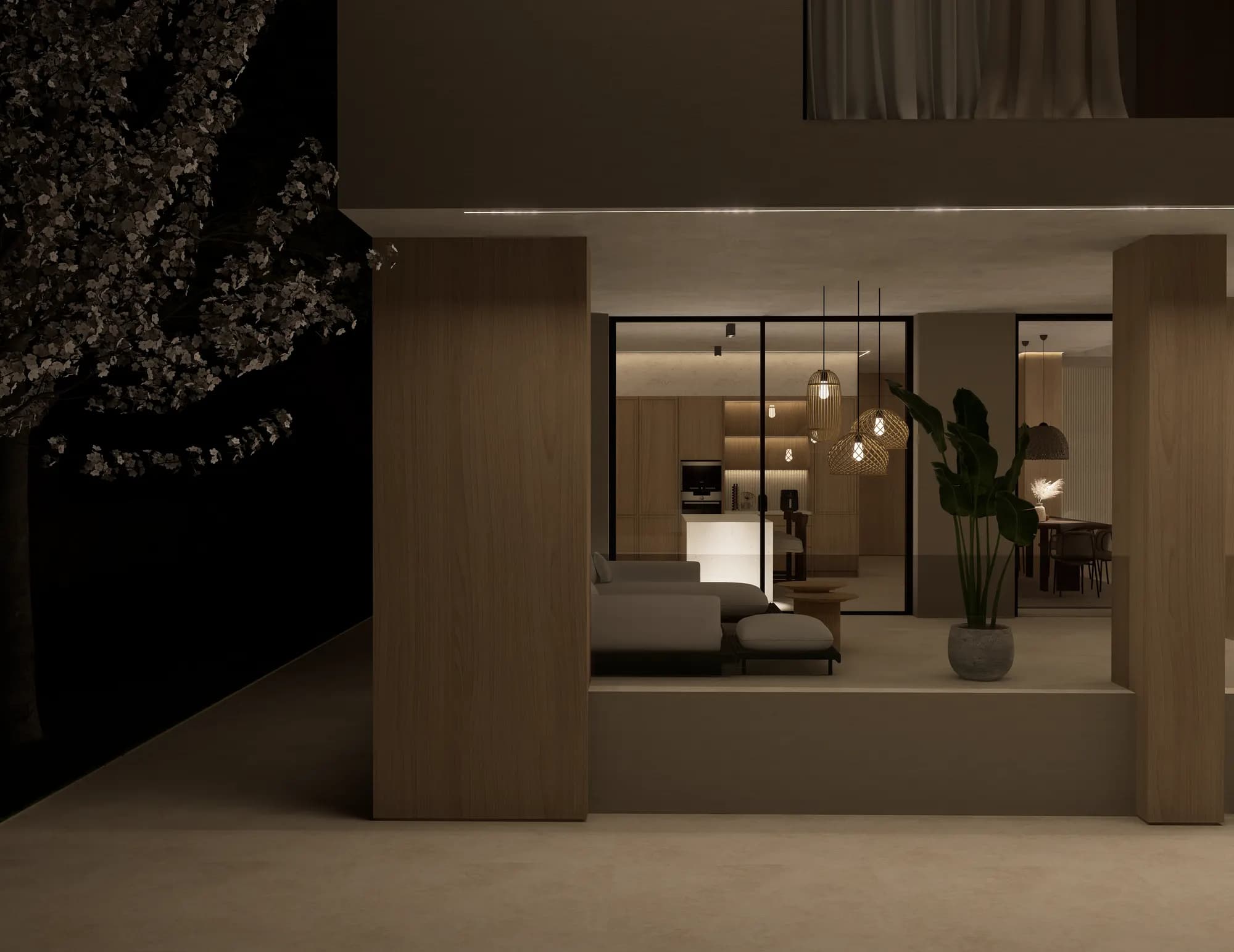 Casa 04: Vista nocturna del salón desde el exterior
