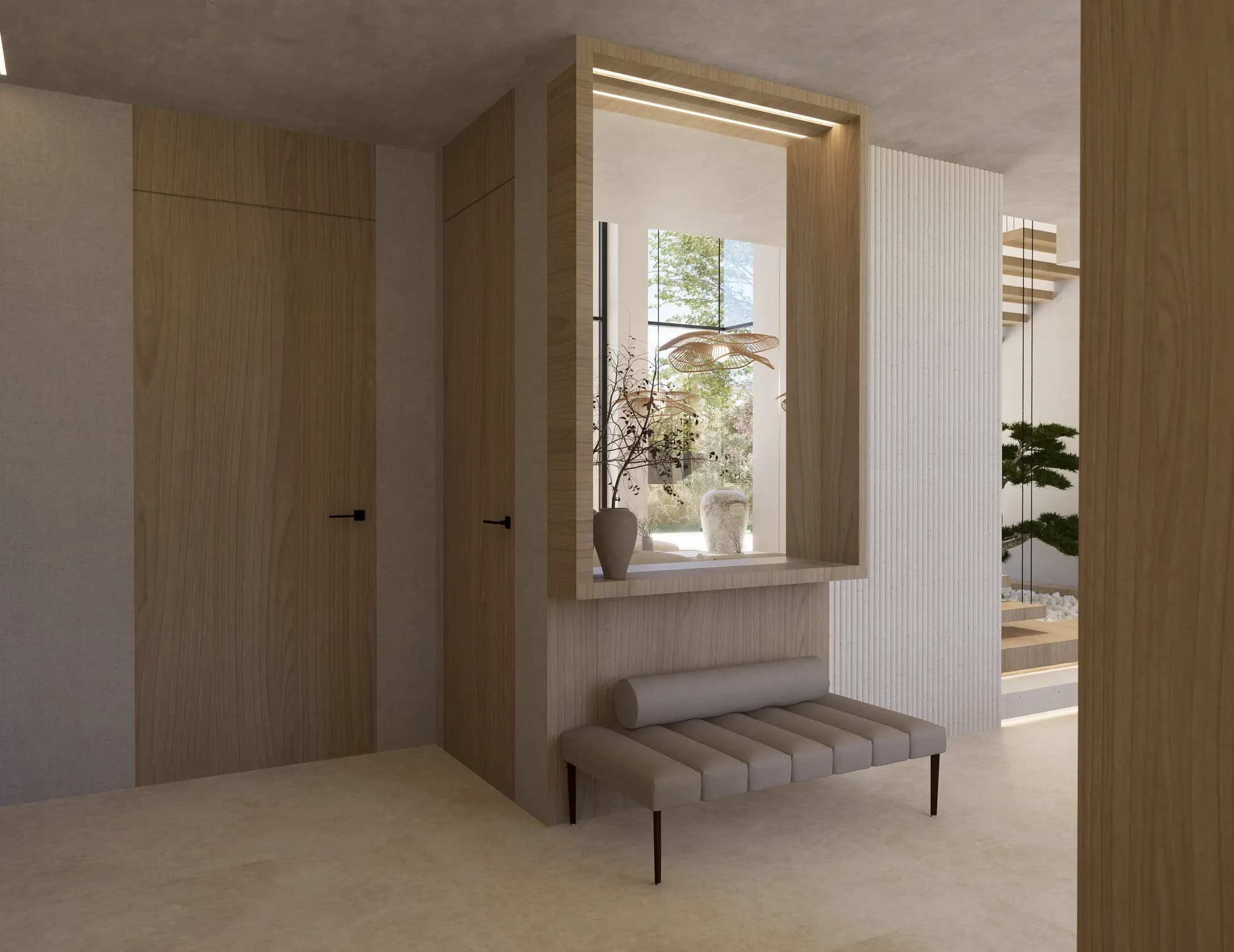 Casa 04: Recibidor con banco tapizado y ventana interior