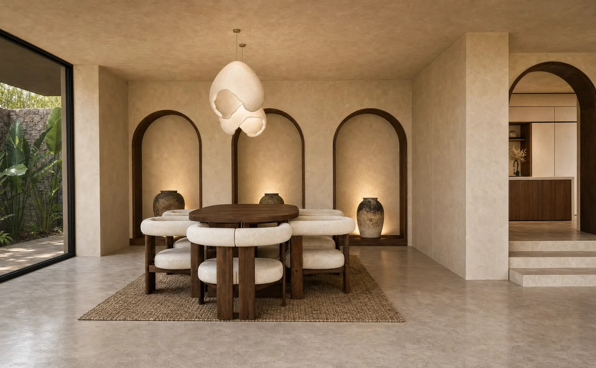 Casa Bali: Comedor bajo arcos con hornacinas iluminadas
