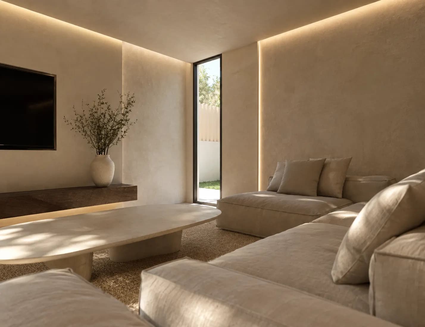 Casa Benalmádena: Salón con sofá modular, mueble suspendido y luz perimetral