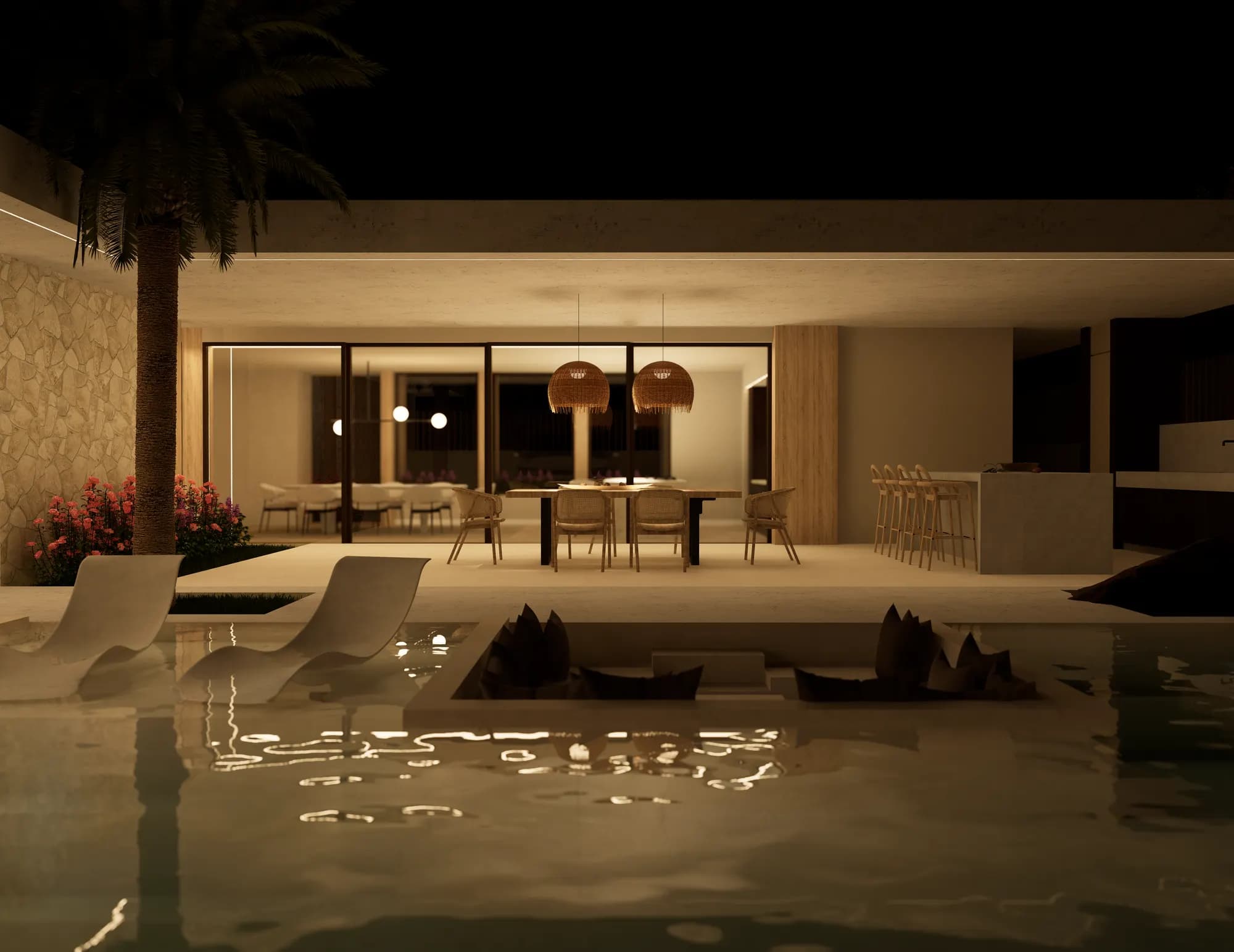 Casa Benalmádena: Comedor y piscina de noche con iluminación cálida
