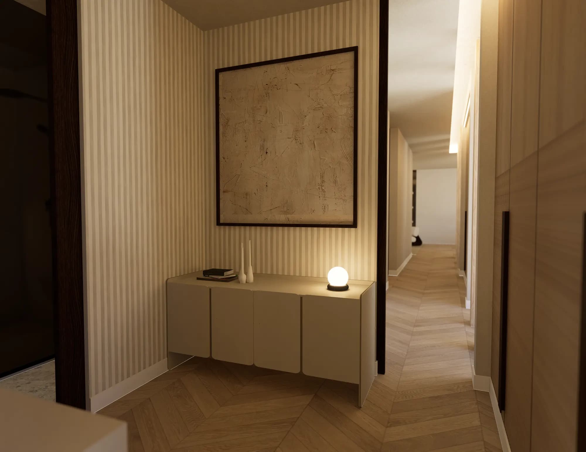 Casa Benalmádena: Recibidor con aparador suspendido, listones y obra enmarcada