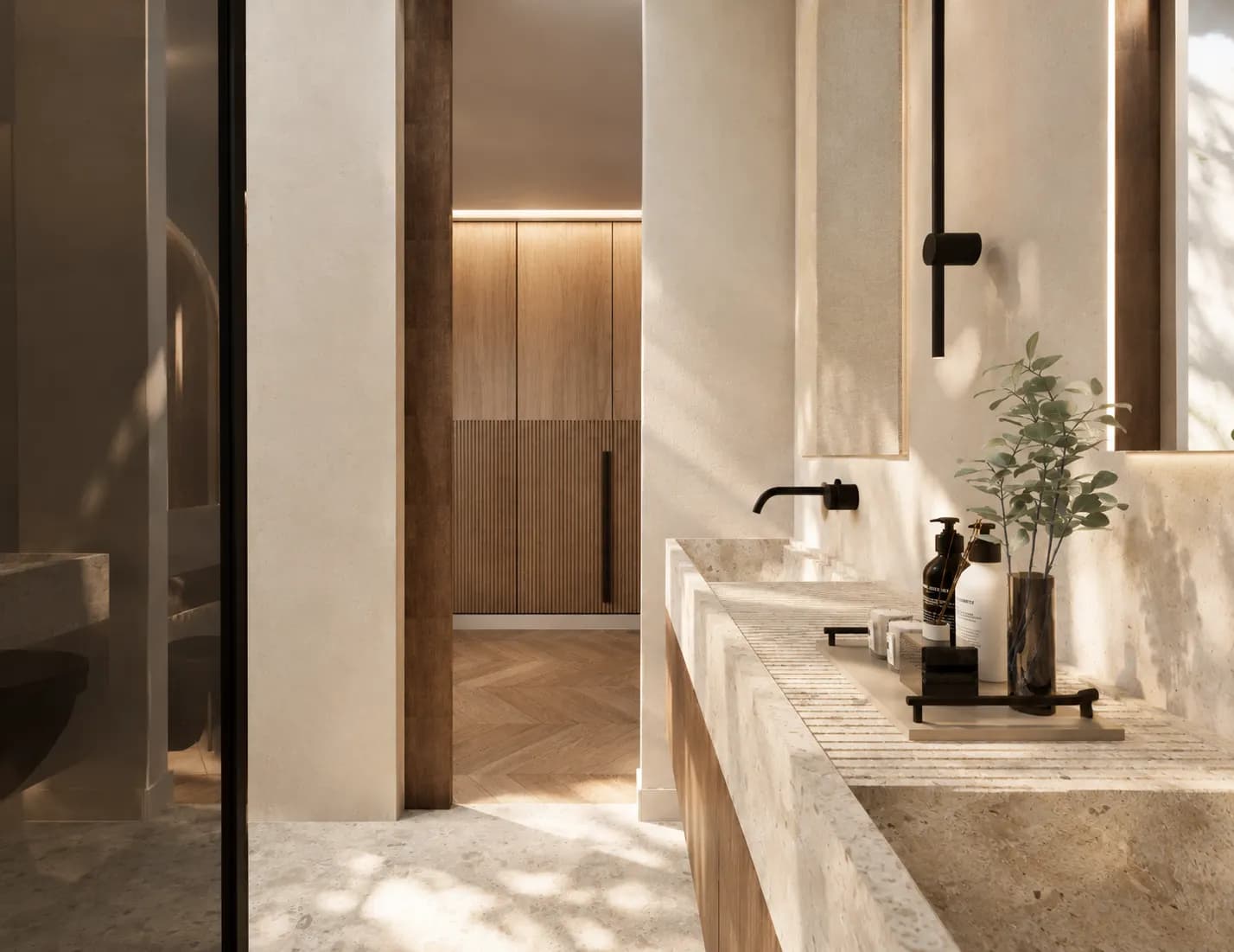 Casa Benalmádena: Baño con lavabo de piedra tallada y grifería negra