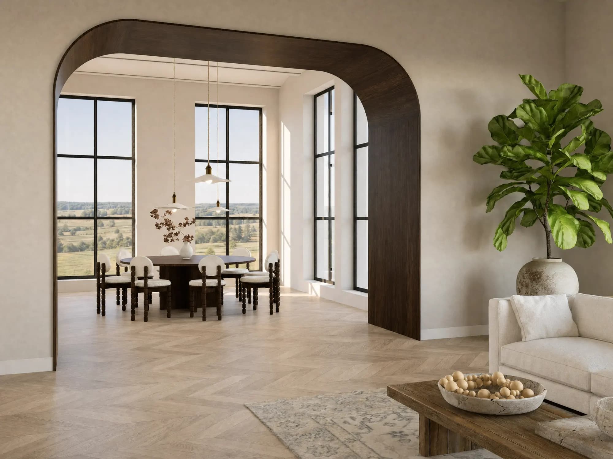 Casa de Campo: Comedor bajo un arco de nogal con vistas al campo