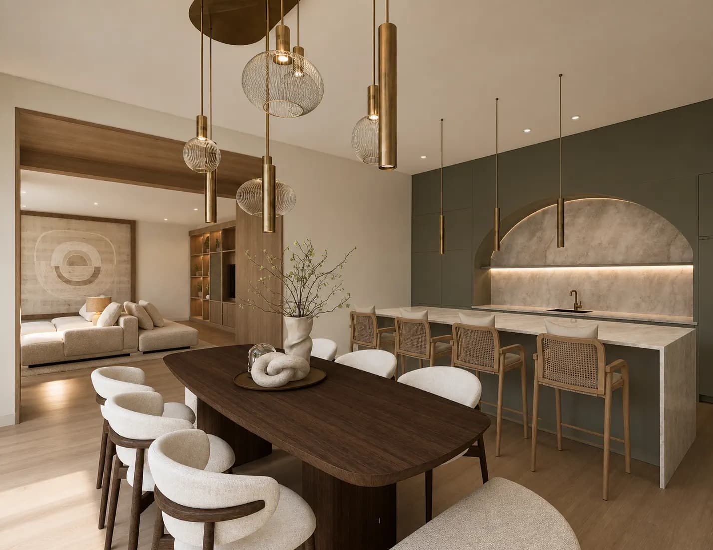 Villa Ibiza: Comedor y cocina con frente verde y lámparas de latón