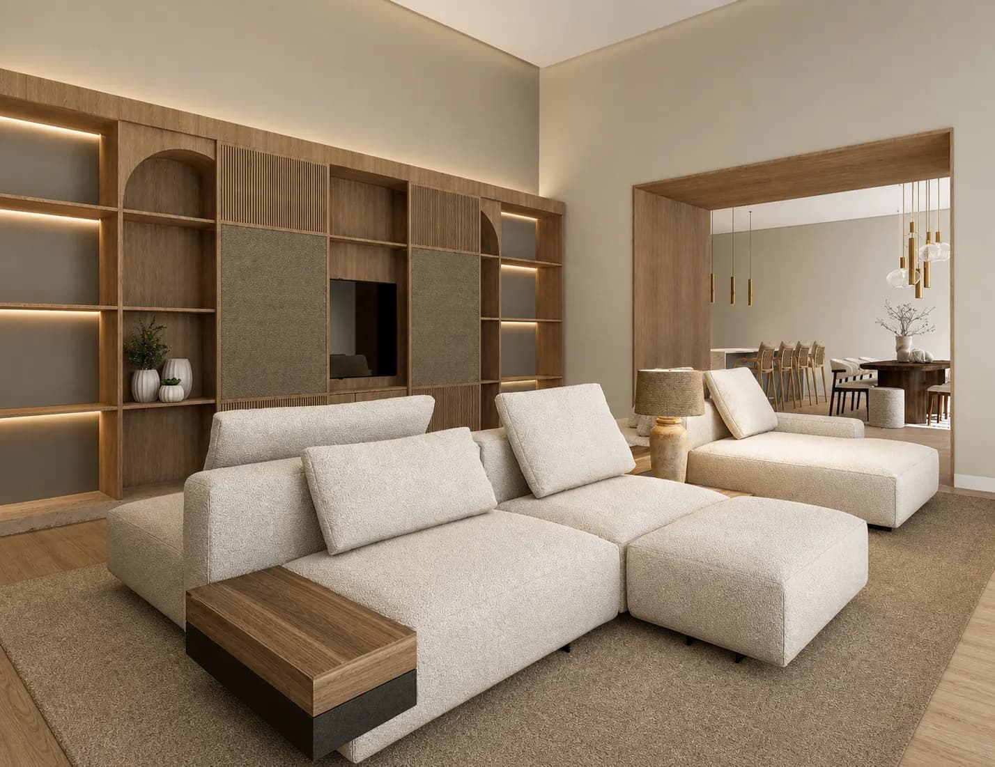 Villa Ibiza: Salón con librería de madera y sofá modular