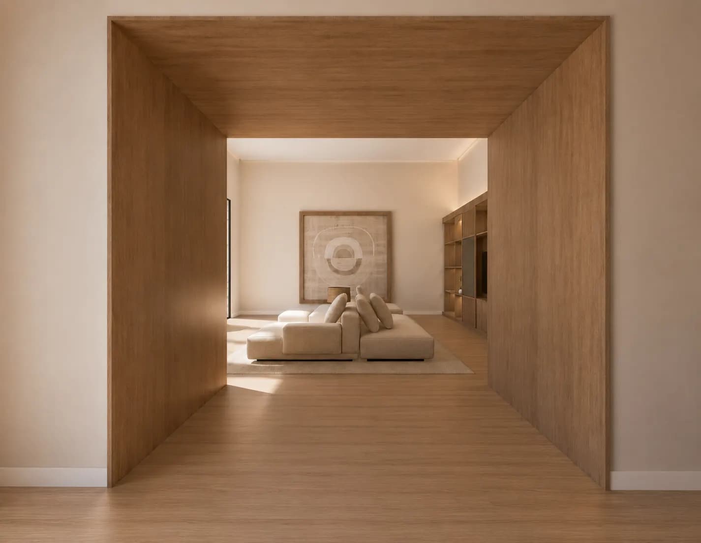 Villa Ibiza: Pasillo de madera con vista al salón