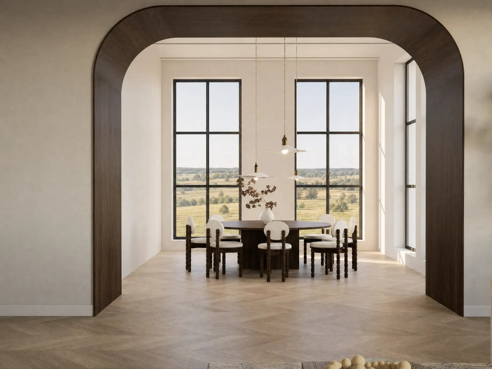 Comedor bajo un arco de nogal con carpintería de acero negro y vistas al campo — render 3D de 20 Studio