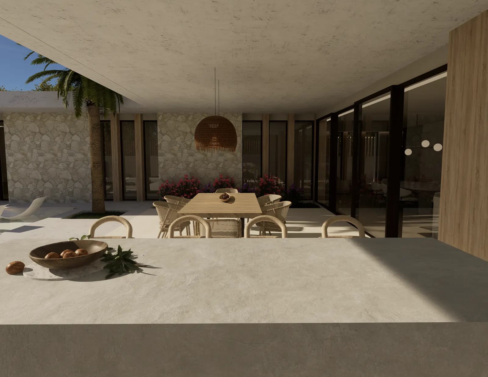 Salón-comedor abierto a un patio con muro de piedra — render 3D de 20 Studio