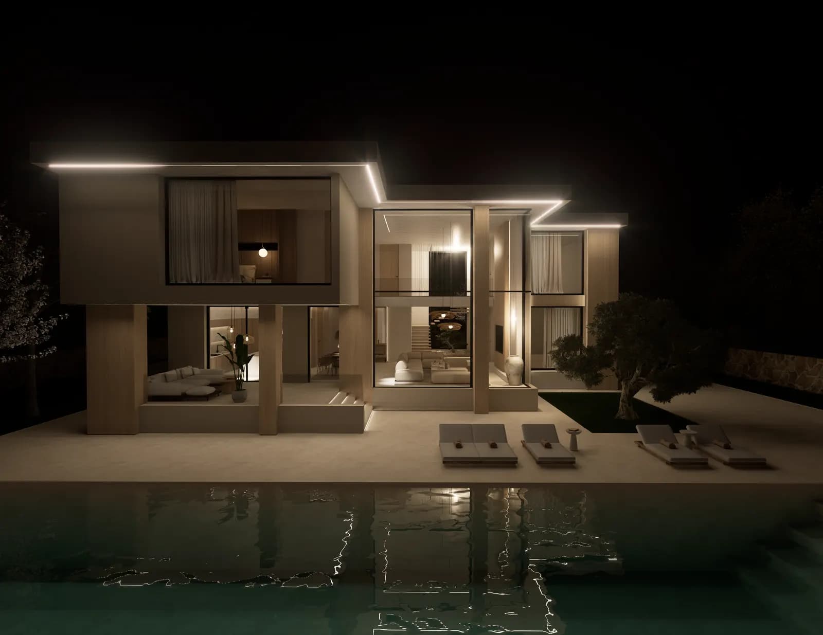 Fachada nocturna de una vivienda contemporánea con piscina e iluminación integrada — render 3D de arquitectura de 20 Studio