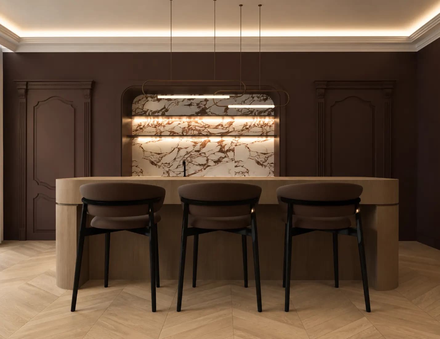 Cocina con isla curva a medida, frente de mármol y molduras — render 3D de diseño a medida de 20 Studio