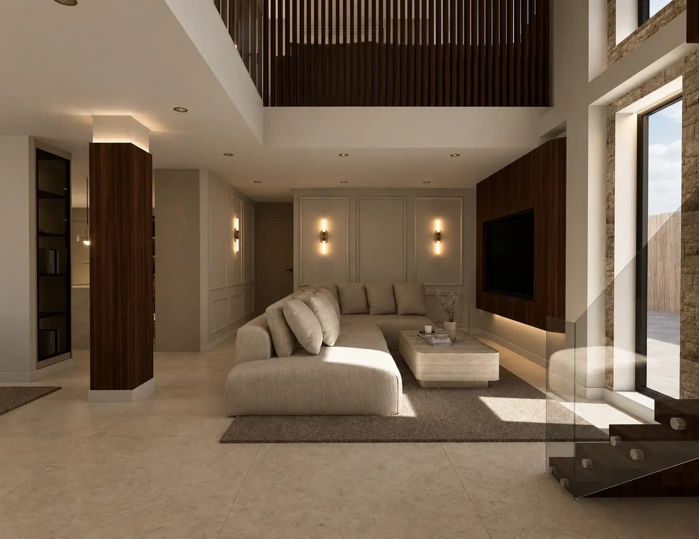 Salón a doble altura con carpintería de nogal, molduras y sofá seccional — render 3D de un proyecto integral de 20 Studio