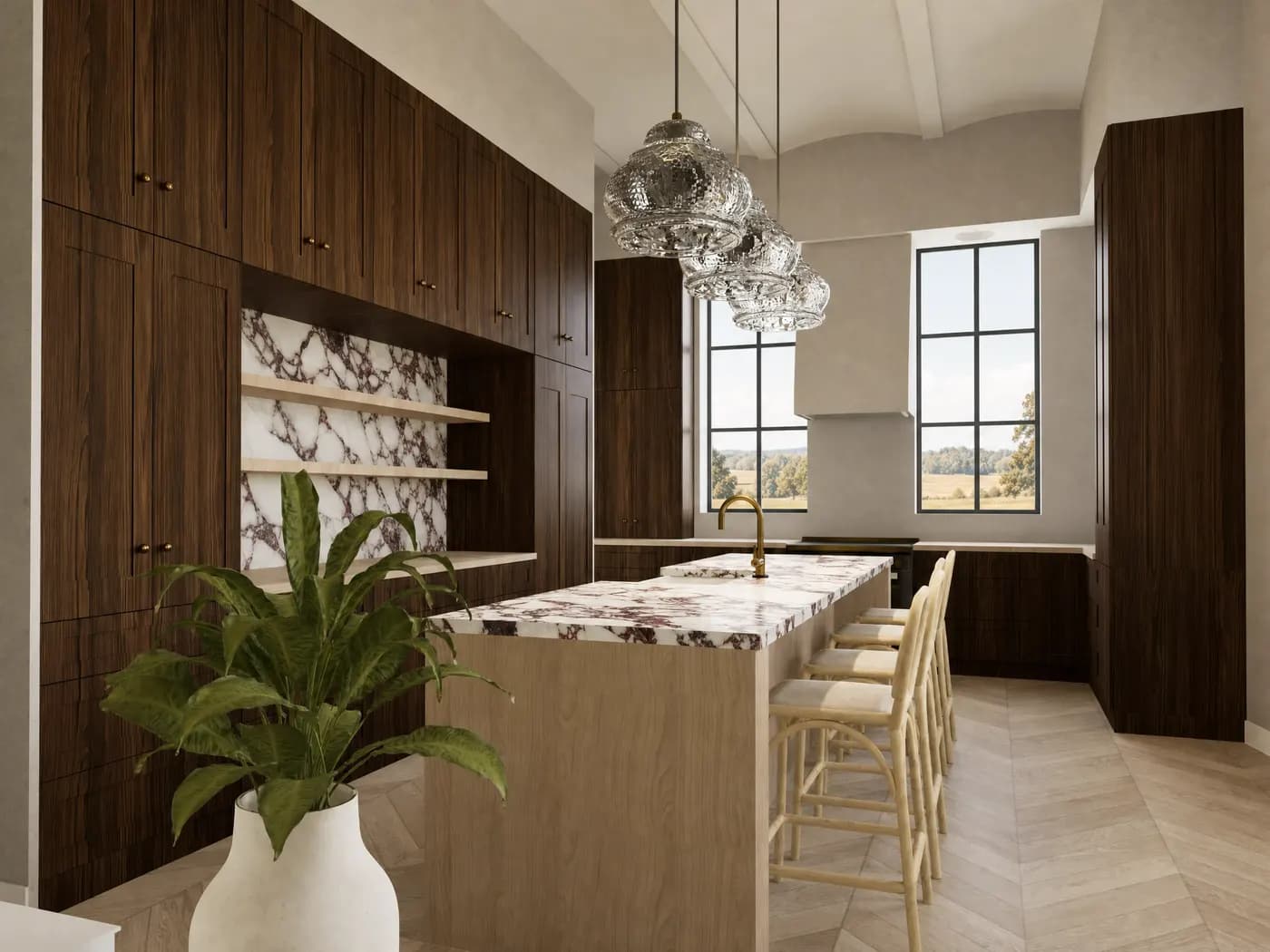 Cocina con isla de mármol y carpintería de nogal a medida — render 3D de 20 Studio