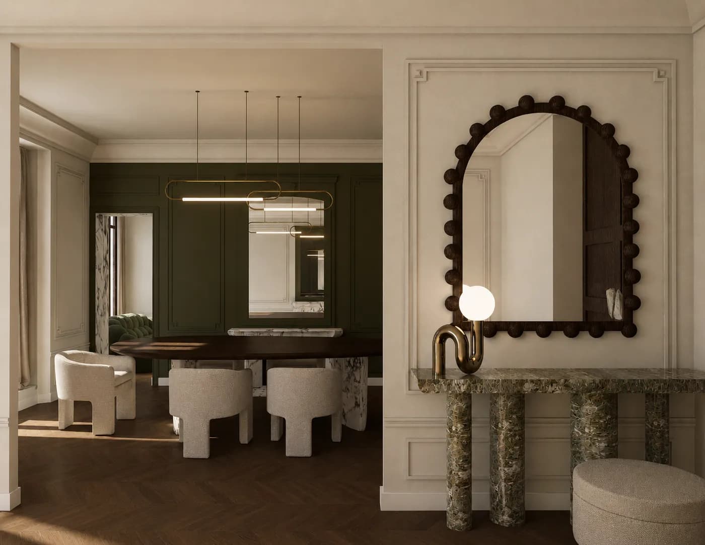 Comedor con paredes verdes, espejo de arco y consola de travertino — render 3D de 20 Studio