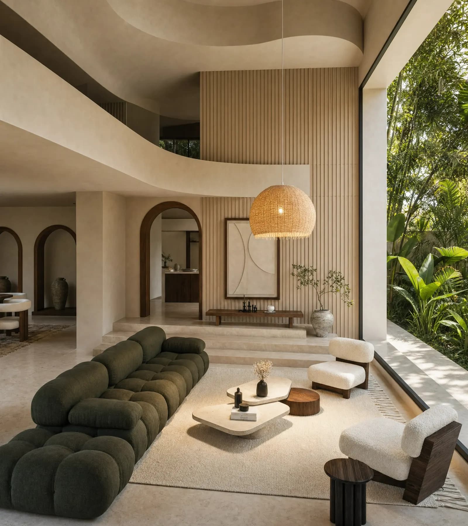 Salón a doble altura con paredes curvas, sofá verde y vistas a vegetación tropical — render 3D de 20 Studio