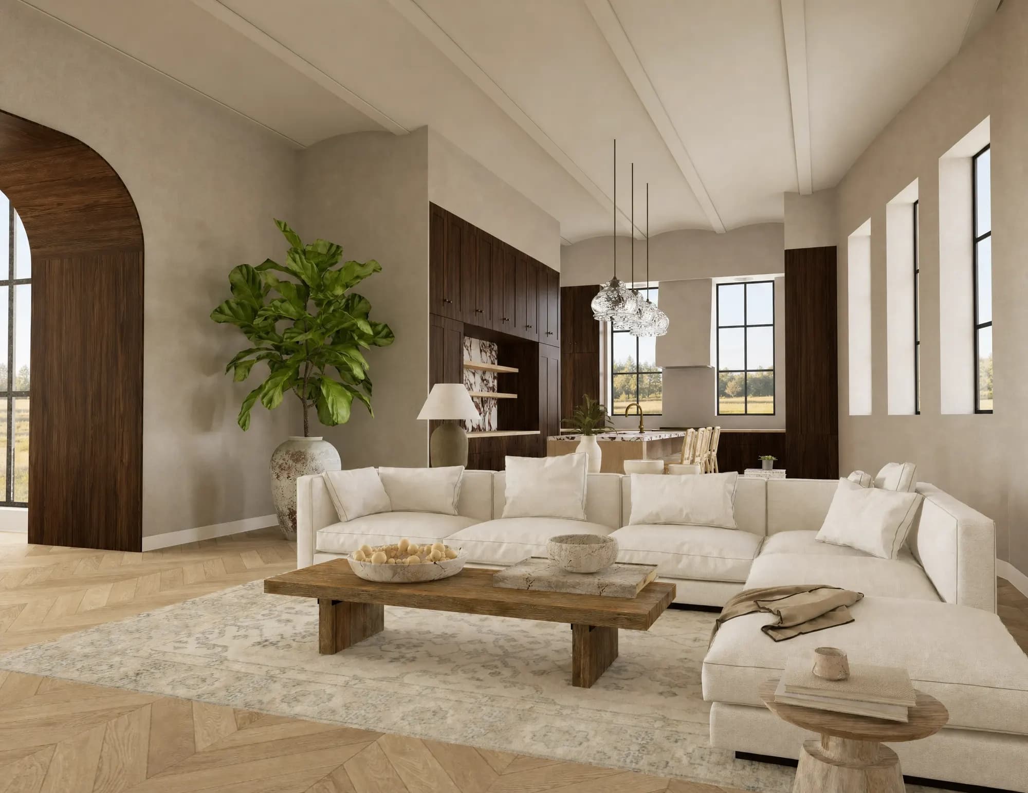 Casa de Campo: Salón con sofá seccional claro, ficus y ventanas de acero negro